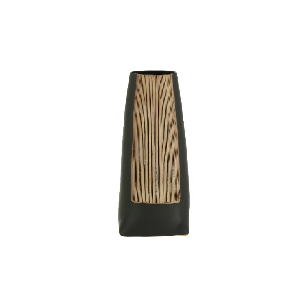 Mid-Century Modern Matte Black Ceramic Vase with Gold Textured Panel - 12 inch Artistic Tapered Vase