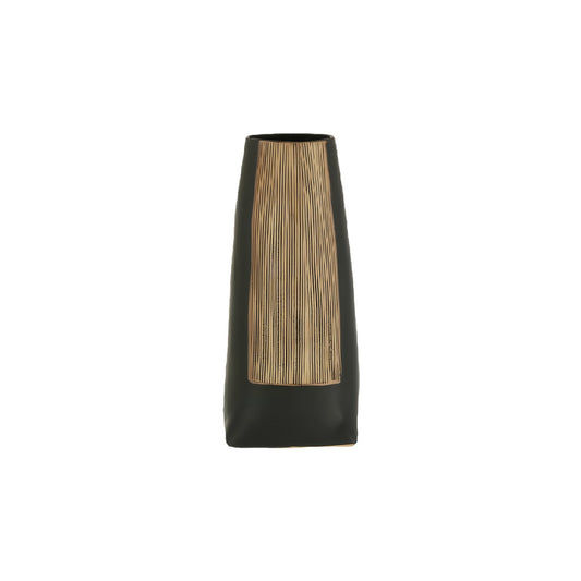 Mid-Century Modern Matte Black Ceramic Vase with Gold Textured Panel - 12 inch Artistic Tapered Vase