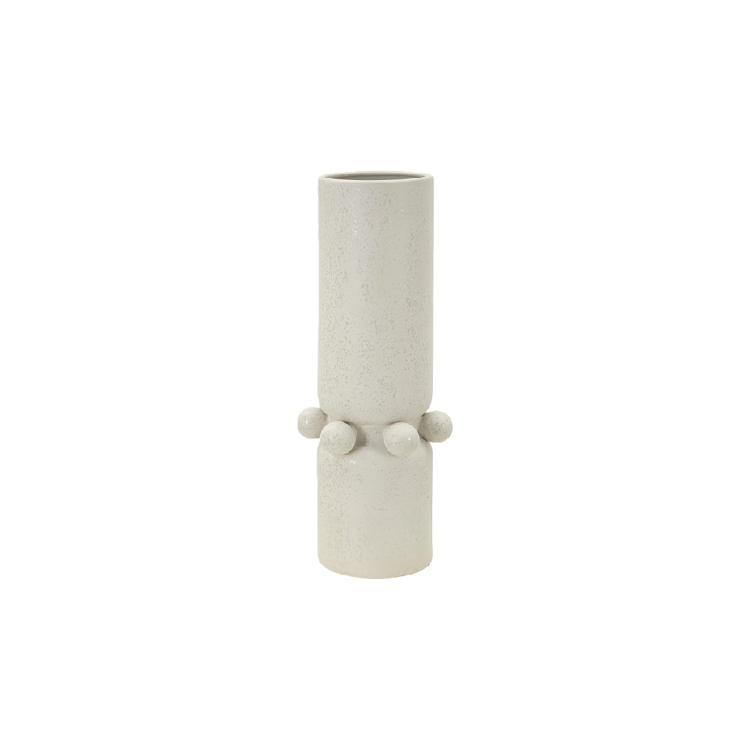 Contemporary Off-White Speckled Ceramic Cylinder Vase with Sphere Accents - 14 inch Modern Decor