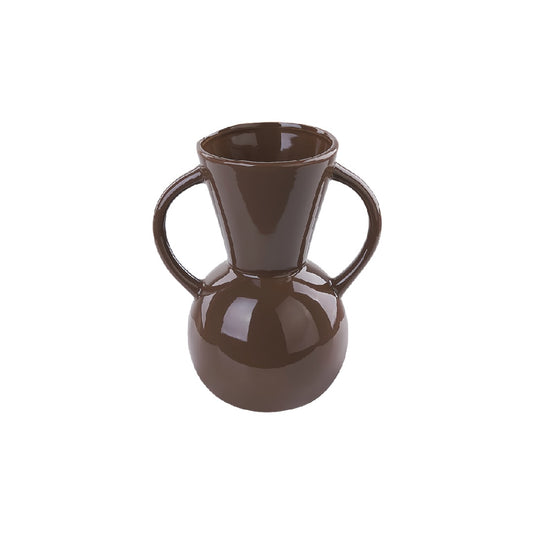 Mid-Century Modern Chocolate Brown Glossy Ceramic Amphora Vase - 11 inch Dual Handle Decorative Urn
